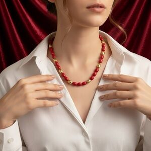 Napier Red and Gold Statement Necklace with Organic Beads